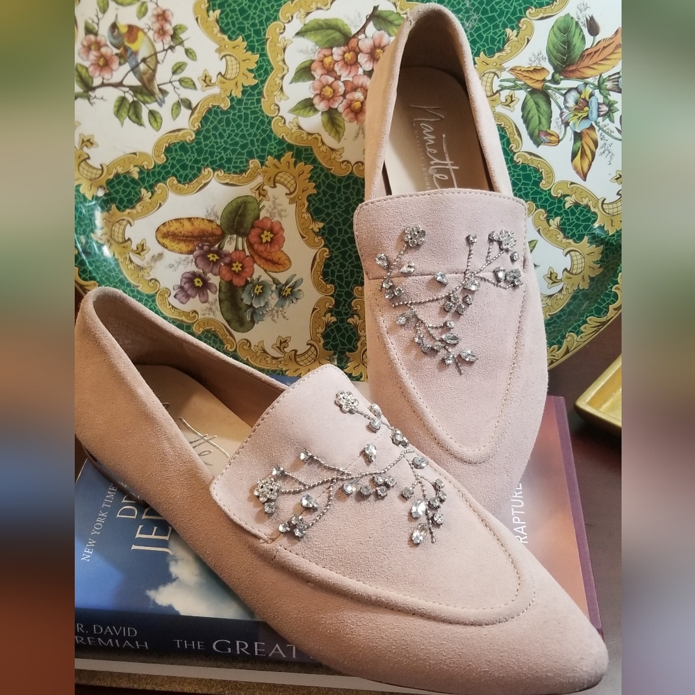 Nanette Lepore "Gloria"  Blush Suede Embellished Women's Loafers 8.5 M